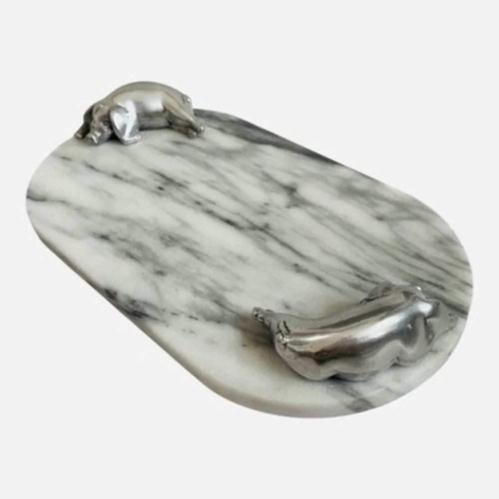 Vintage Arthur Court Marble Oval Serving Tray Figural Pig Aluminum Handle 13x7.5